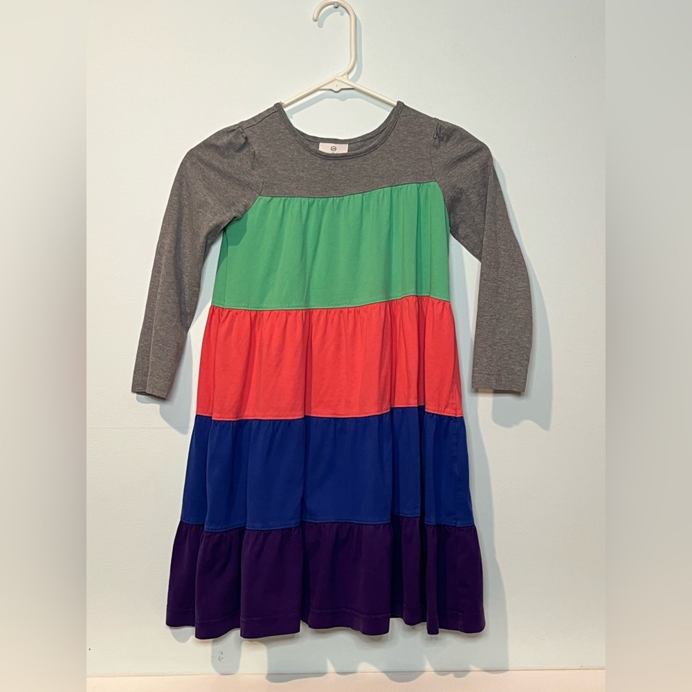 Hanna Andersson Girls Tiered Long-Sleeve Colorblock Dress, Size 120 (6-7)